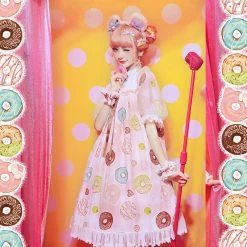 EverythingCuteClub Donuts Daily One Piece Dress Puff Mesh Sleeves