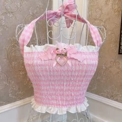 EverythingCuteClub Pink Check Halter Crop Top