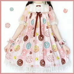 EverythingCuteClub Donuts Daily One Piece Dress Puff Mesh Sleeves