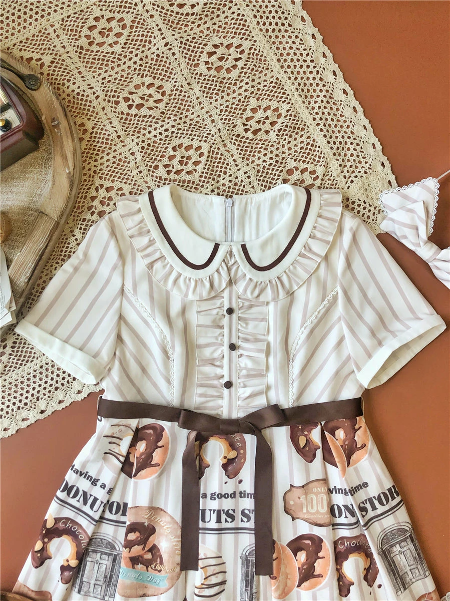CuteQ Donuts Coffee Shop Lolita Daily Op One Piece Dress Dolly Collar 9 CuteQ Donuts Coffee Shop Lolita Daily Op One Piece Dress Dolly Collar