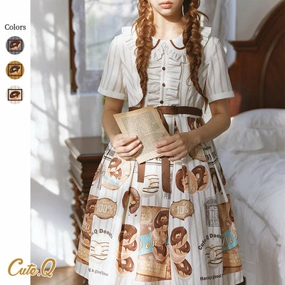 CuteQ Donuts Coffee Shop Lolita Daily Op One Piece Dress Dolly Collar 7 CuteQ Donuts Coffee Shop Lolita Daily Op One Piece Dress Dolly Collar