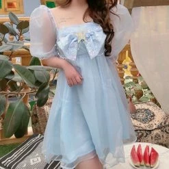 EverythingCuteClub Dress + Rompers Daughter Of Sea Mesh Dress Short Sleeve Puff Sleeve High Waist Dress