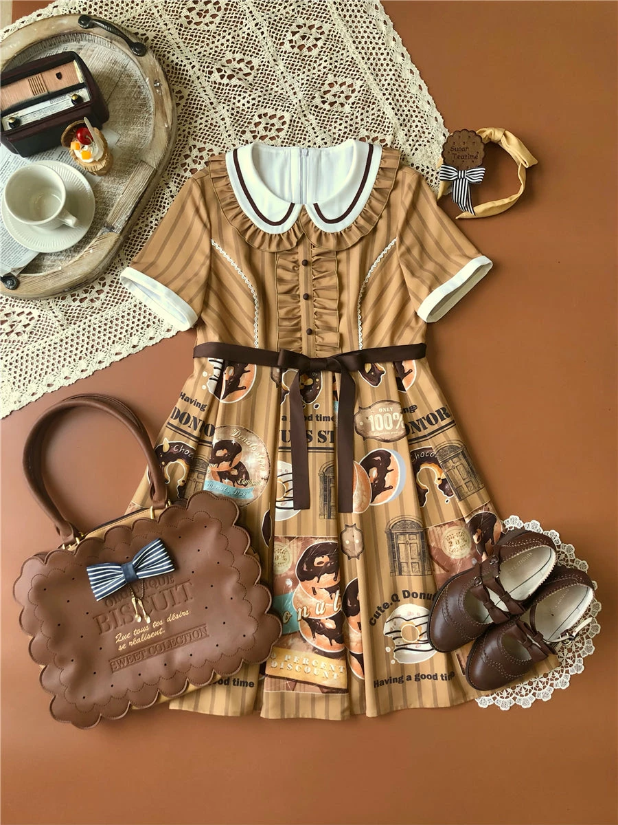 CuteQ Donuts Coffee Shop Lolita Daily Op One Piece Dress Dolly Collar 4 CuteQ Donuts Coffee Shop Lolita Daily Op One Piece Dress Dolly Collar