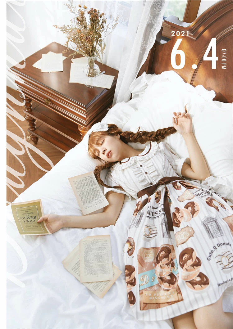 CuteQ Donuts Coffee Shop Lolita Daily Op One Piece Dress Dolly Collar 18 CuteQ Donuts Coffee Shop Lolita Daily Op One Piece Dress Dolly Collar