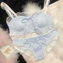 EverythingCuteClub Light Pink Check/ Light Blue Check Girly Bralette Bra + Panties One Set Lingerie + Panties + Sleepwear + Socks
