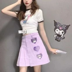 EverythingCuteClub Purple Pleated Skirt Kuromi Pattern