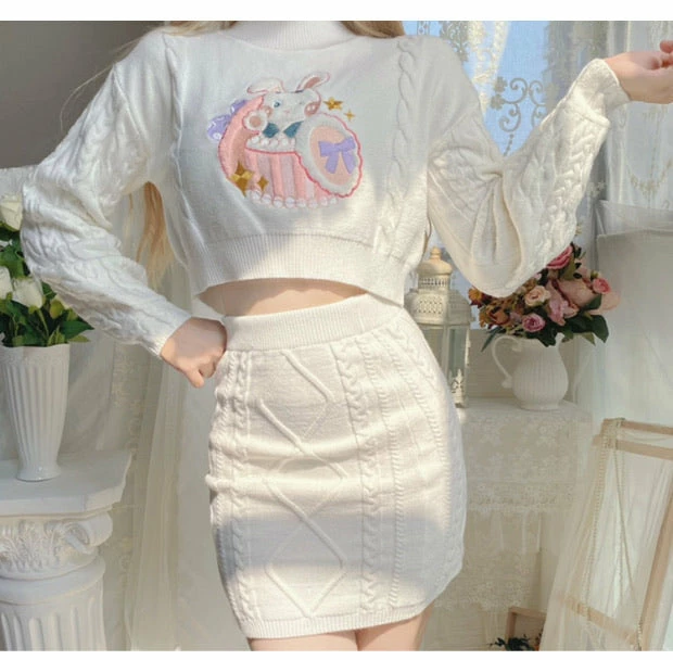 EverythingCuteClub Pinky Rabbit Sweater One Set Too Long Sleeve + Skirt Cute Outfit Bottom 7 EverythingCuteClub Pinky Rabbit Sweater One Set Too Long Sleeve + Skirt Cute Outfit Bottom