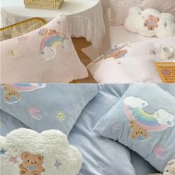 EverythingCuteClub Premium Baby Soft Fleece Rainbow Bear Cream Yellow / Baby Blue/ Baby Pink Bedding Set Duvet Cover Bed Sheet Pillow Cases Bedding Set