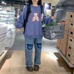 EverythingCuteClub Bottom Bear Patch Jeans Pants