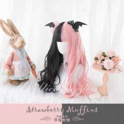 EverythingCuteClub Strawberry Muffins Black Pink Hair Wigs
