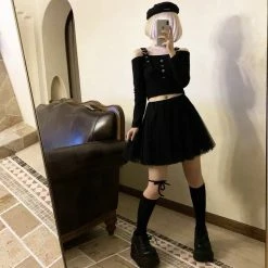 EverythingCuteClub Black Or Pink Off Shoulder Long Sleeve Shirt Top