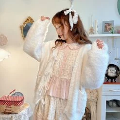 EverythingCuteClub Creamy Pink / White Red Sweater Cardigan