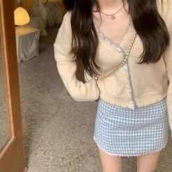 EverythingCuteClub Bottom White Blue Houndstooth Winter Mini Skirt