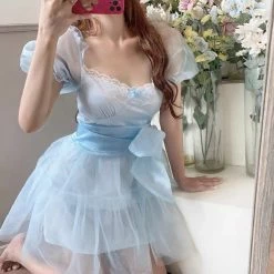 EverythingCuteClub Dress + Rompers Blue Lovebird Mesh Dress With Puff Sleeves