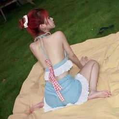 EverythingCuteClub Jeans Blue Crop Camisole Shorts Red Checked Ribbon Top