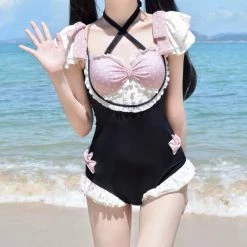EverythingCuteClub Heartbeat Girly Black Pink Swimsuit