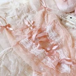 EverythingCuteClub The Dream Of White Peach Lace Lingerie Babydoll Lingerie + Panties + Sleepwear + Socks