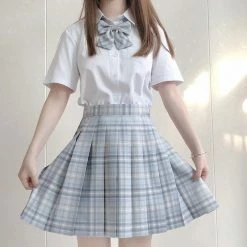 EverythingCuteClub Bottom Sea Salt White Tea Skirt Plaid Pleated Jk Skirt