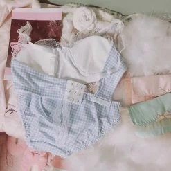 EverythingCuteClub Light Pink Check/ Light Blue Check Girly Bralette Bra + Panties One Set Lingerie + Panties + Sleepwear + Socks