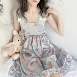 EverythingCuteClub Lingerie + Panties + Sleepwear + Socks Strawberry Blue Cake Blue Satin Summer Spring Pyjamas Dress