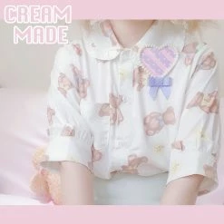 EverythingCuteClub Cream Made Chocolate Bear Doll Collar Short Sleeve Shirt
