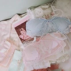 EverythingCuteClub Light Pink Check/ Light Blue Check Girly Bralette Bra + Panties One Set Lingerie + Panties + Sleepwear + Socks
