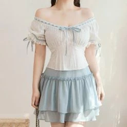 EverythingCuteClub Summer Greenty Off Shoulder Blue Ribbon Blouse Tops