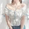 EverythingCuteClub Summer Greenty Off Shoulder Blue Ribbon Blouse Tops