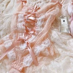 EverythingCuteClub The Dream Of White Peach Lace Lingerie Babydoll Lingerie + Panties + Sleepwear + Socks