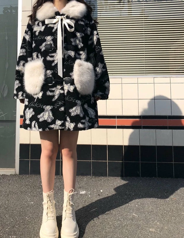 EverythingCuteClub Black White Teddy Bear Long / Short Coat Jackets + Puffs+ Coats 7 EverythingCuteClub Black White Teddy Bear Long / Short Coat Jackets + Puffs+ Coats