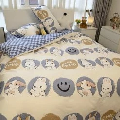 EverythingCuteClub Smile Face Rabbit Cotton Bedding Sets Duvet Cover Pillow Case Bed Sheet Room Decor