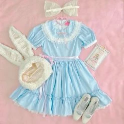 EverythingCuteClub The Blue Babydoll Dress Pink Ribbon