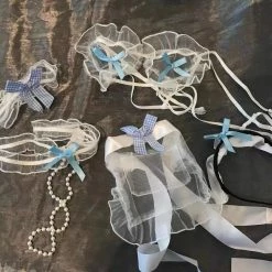 EverythingCuteClub Lingerie + Panties + Sleepwear + Socks White Blue Lace Lingerie Playful Set