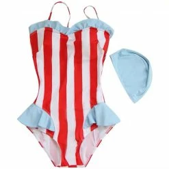 EverythingCuteClub Swimsuit Swim Wear One Piece Strip Red Blue Lingerie + Panties + Sleepwear + Socks