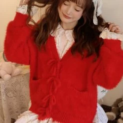 EverythingCuteClub Creamy Pink / White Red Sweater Cardigan