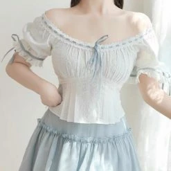 EverythingCuteClub Summer Greenty Off Shoulder Blue Ribbon Blouse Tops