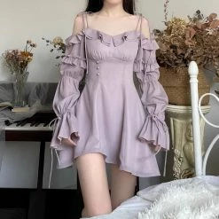 EverythingCuteClub Dress + Rompers Pre-order Shiny Pink/ Purple Off Shoulder Long Sleeve Mini Dress