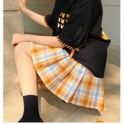 LunaJk, Everythingcuteclub Orange Soda Shining Orange Colour Plaid Skirt