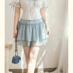 EverythingCuteClub Summer Greenty Off Shoulder Blue Ribbon Blouse Tops