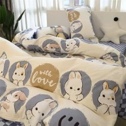 EverythingCuteClub Smile Face Rabbit Cotton Bedding Sets Duvet Cover Pillow Case Bed Sheet Room Decor