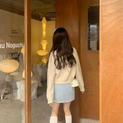 EverythingCuteClub Bottom White Blue Houndstooth Winter Mini Skirt