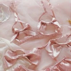 EverythingCuteClub Peach Pink Sweet Heart Sexy Lingerie Set (bra+panties+garters）