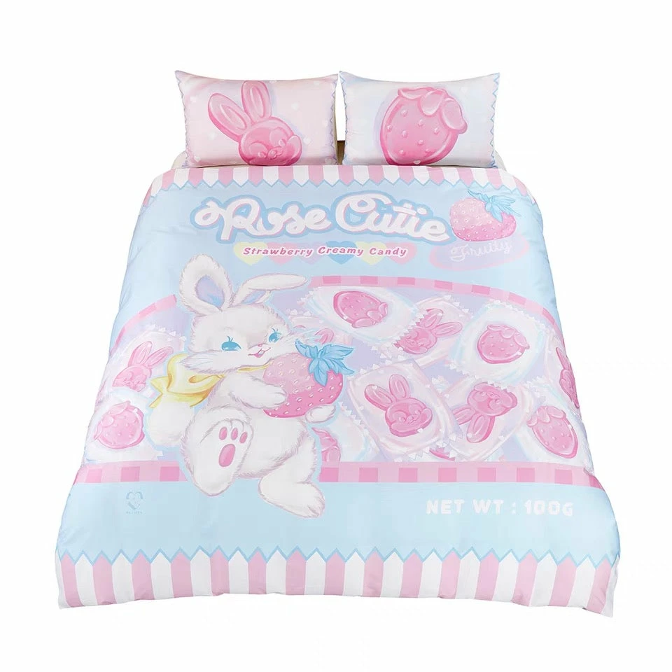 EverythingCuteClub Rabbit Strawberry Girly Room Bedding Set Cotton Bed Linen Bed Linen / Bedding Sets 7 EverythingCuteClub Rabbit Strawberry Girly Room Bedding Set Cotton Bed Linen Bed Linen / Bedding Sets