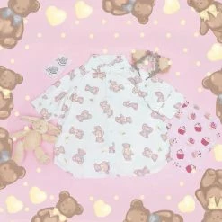 EverythingCuteClub Cream Made Chocolate Bear Doll Collar Short Sleeve Shirt