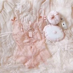 EverythingCuteClub The Dream Of White Peach Lace Lingerie Babydoll Lingerie + Panties + Sleepwear + Socks