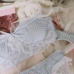 EverythingCuteClub Light Pink Check/ Light Blue Check Girly Bralette Bra + Panties One Set Lingerie + Panties + Sleepwear + Socks