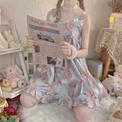 EverythingCuteClub Lingerie + Panties + Sleepwear + Socks Strawberry Blue Cake Blue Satin Summer Spring Pyjamas Dress