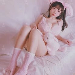EverythingCuteClub Pink Rabbit Fluffy Bra Set With Panties Lingerie + Panties + Sleepwear + Socks