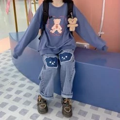 EverythingCuteClub Bottom Bear Patch Jeans Pants