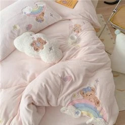 EverythingCuteClub Premium Baby Soft Fleece Rainbow Bear Cream Yellow / Baby Blue/ Baby Pink Bedding Set Duvet Cover Bed Sheet Pillow Cases Bedding Set